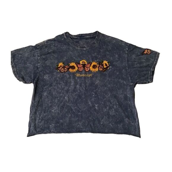 Stunner California Blue Acid Wash Monarch Butterfly Sunflower Short Sleeve Crop - Picture 1 of 6